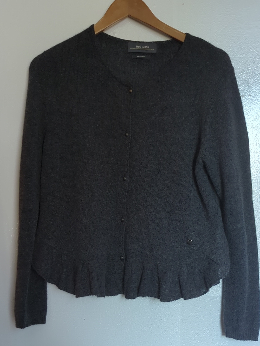 💯 Cashmere Unique Charcoal Knit Ruffle-Hem Cardigan - Charcoal Gray M